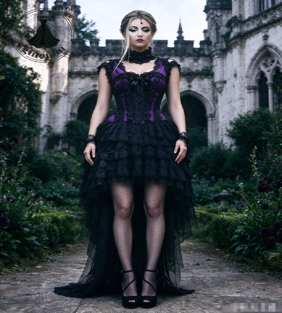 Purple Black Gothic Short Prom Dress 2027 High Low Vampire Halloween Costume Evening Gown Tiered Lace Victorian Party Customized