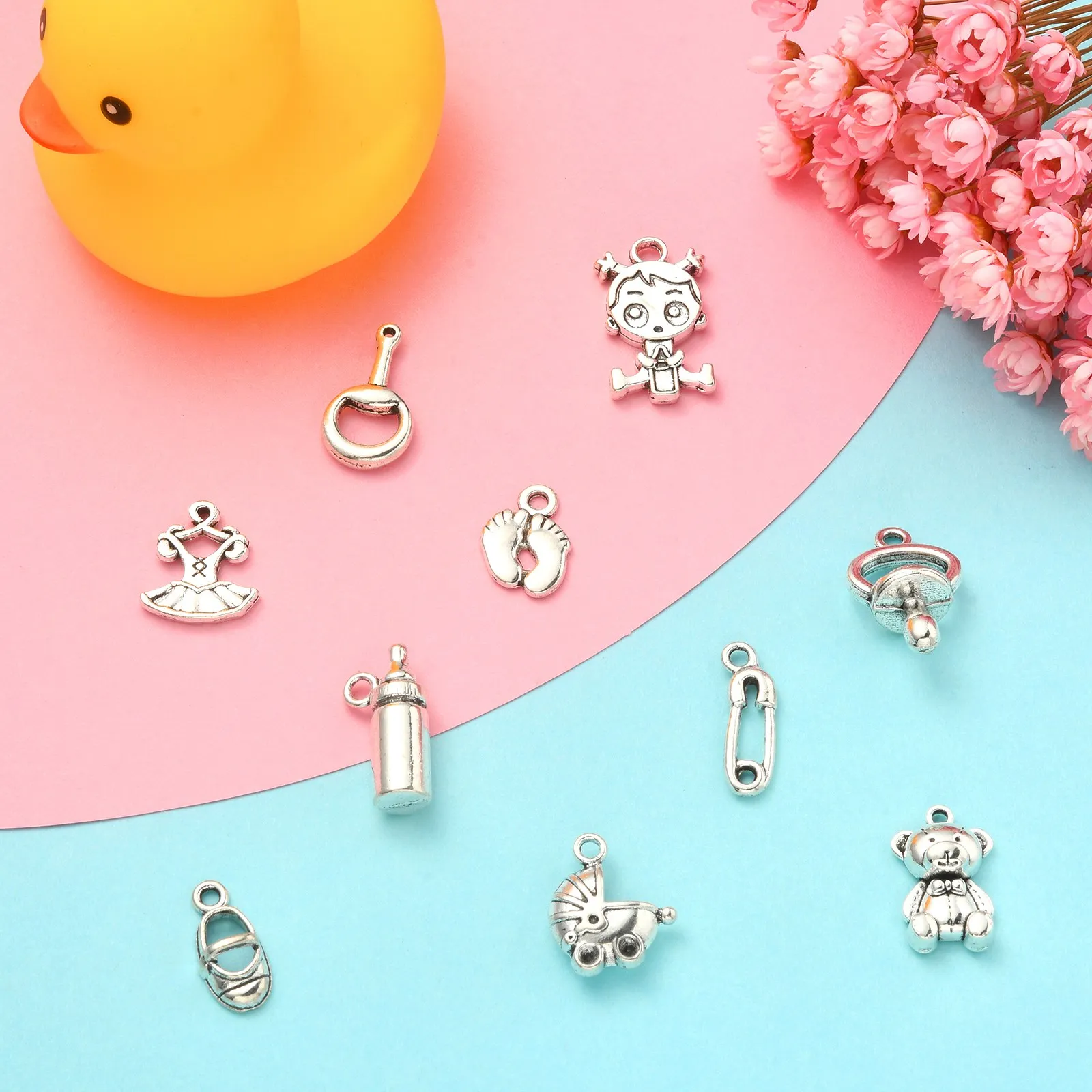 100Pcs 10 Styles Baby Theme Charms Baby Girl Carriage Footprint Charms Tibetan Baby for Mother's Day Jewelry Making Crafting
