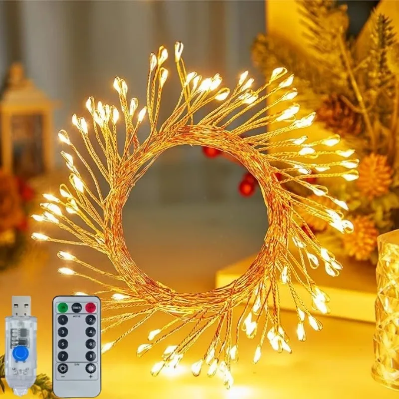 LED USB Firecracker Twinkle Lights with Remote Silver Wire Cluster String Light Fairy Lights for Party Wedding Christmas Decor