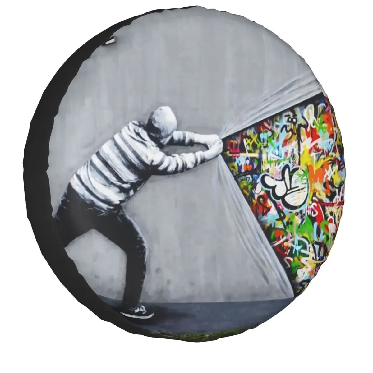 

Banksy Uncovering Graffiti Spare Tire Cover for Jeep RV SUV Trailer Street Art Car Wheel Protector Covers 14" 15" 16" 17" Inch