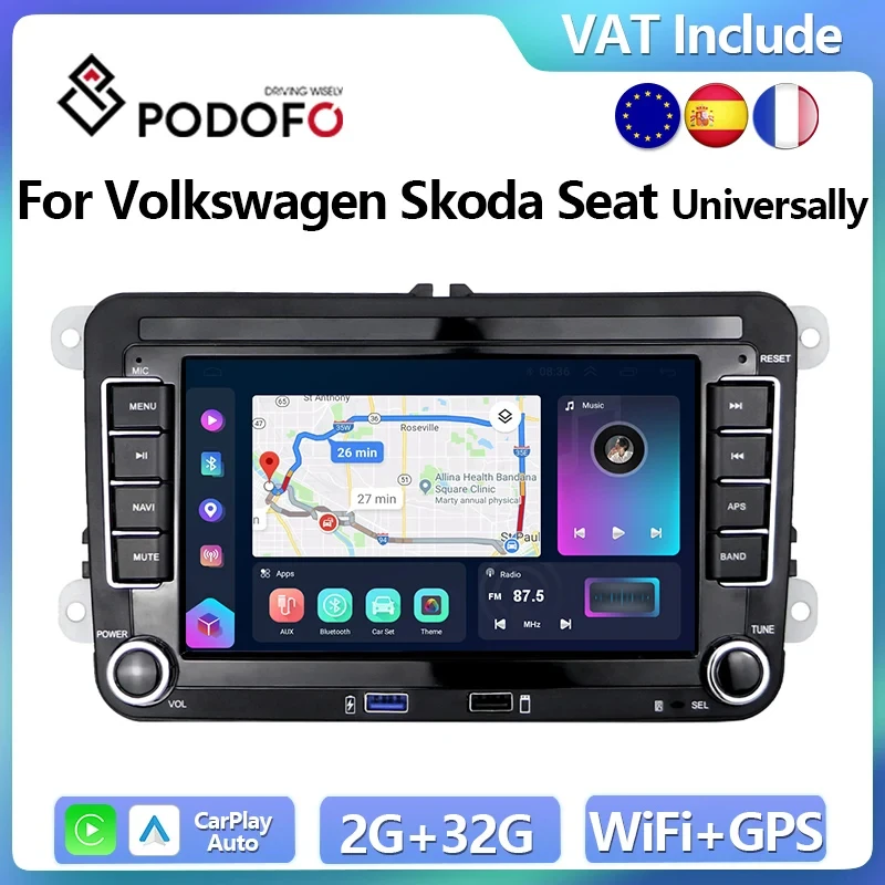 Podofo CarPlay Android Car Radio For Volkswagen Skoda Seat GPS Multimedia Player GPS Stereo 2din Head Unit Autoradio BT WIFI FM