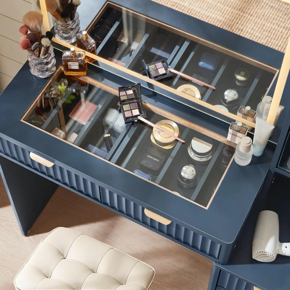 مكتب مكياج أزرق مضيء مع سطح زجاجي ومخرج طاقة، طاولة زينة مقاس 43.5 بوصة