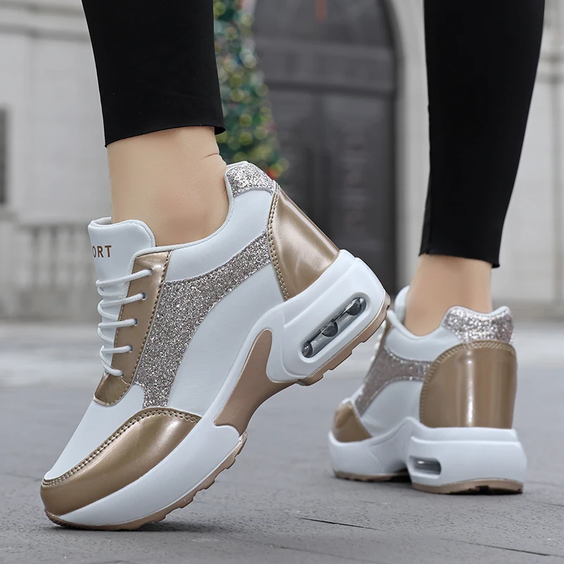 Women's Height Increasing Shoes 7cm Lace Up Platform Walking Shoes Comforthable Ladies Casual Sports Shoes Wedge Heel Sneakers