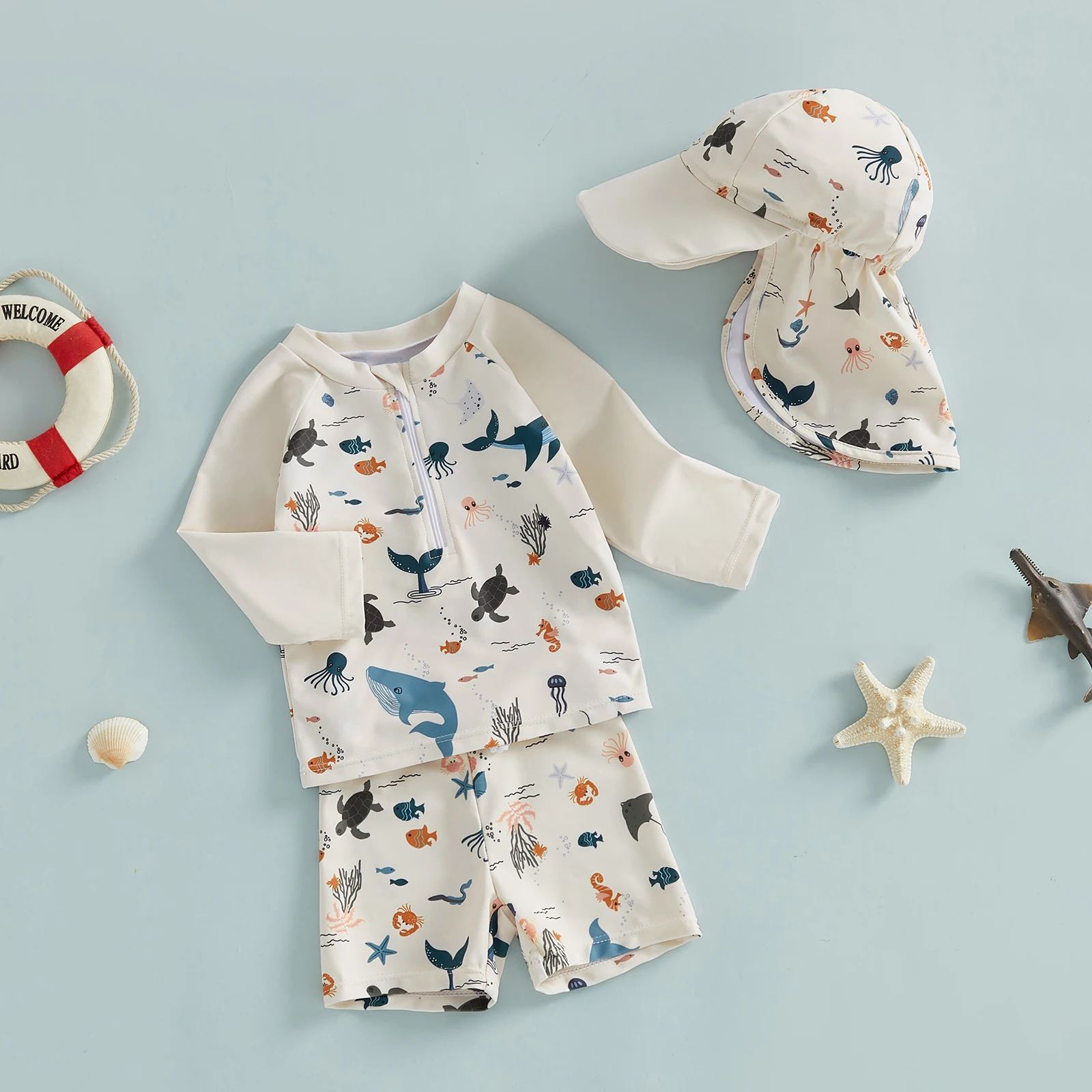 

Toddler Kids Baby Boys Summer Bikinis Animal Print Long Sleeve Zipper Tops with Shorts Hats Swimsuits Swimwear Bathing Suits