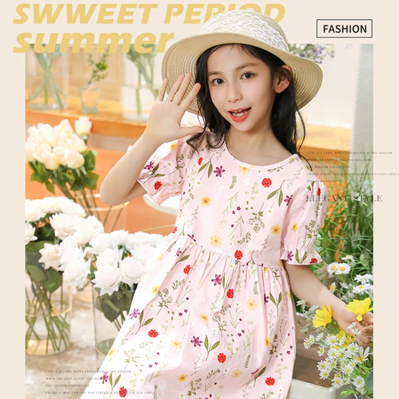 2024 New Girls' Summer Dress Summer Pure Cotton Princess Dress Bubble Sleeves Fragmented Flower Casual Clothing Girls Clothes