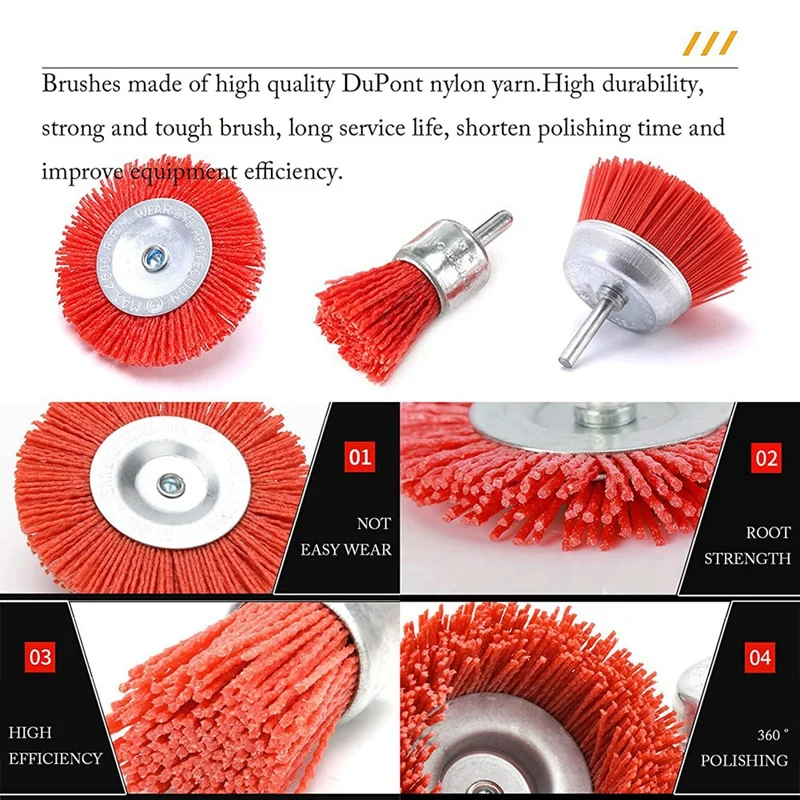 ABGR-3 Piece Nylon Filament Abrasive Wire Brush Wheel & Cup Brush Set With 1/4 Inch Shank For Removal Of Rust/Corrosion/Paint