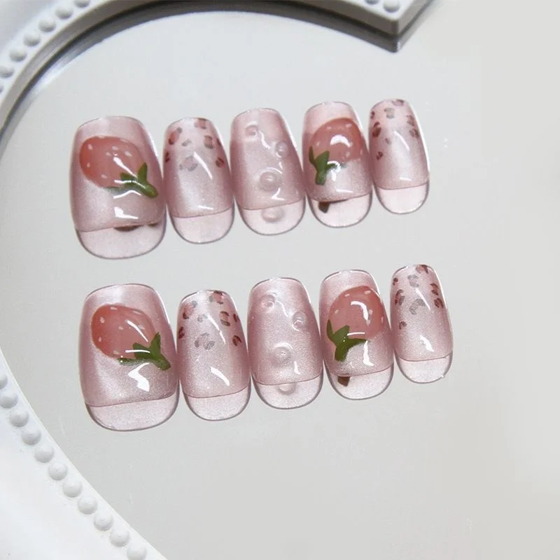 

10pcs Pink Wearable Semi-Handmade Press on Nails Strawberry Medium Square Full Cover Fake Nail Tips XS/S/M Size for Women&Girl