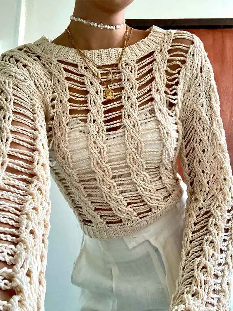 Sexy Hollow Out Short Crochet O-neck Long Sleeve Top Beach Swimsuit Cover Up For Women 2024 Summer Holiday Knit Beachwear K34