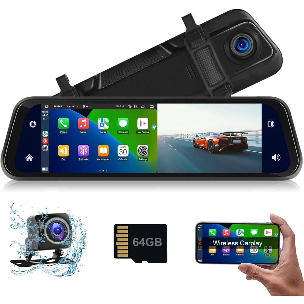 

Car in-Mirror Mounted Dash Cam with Front & Rear View Camera Wireless Carplay Android Auto Car Driving Recorder with 9.66 Inch I