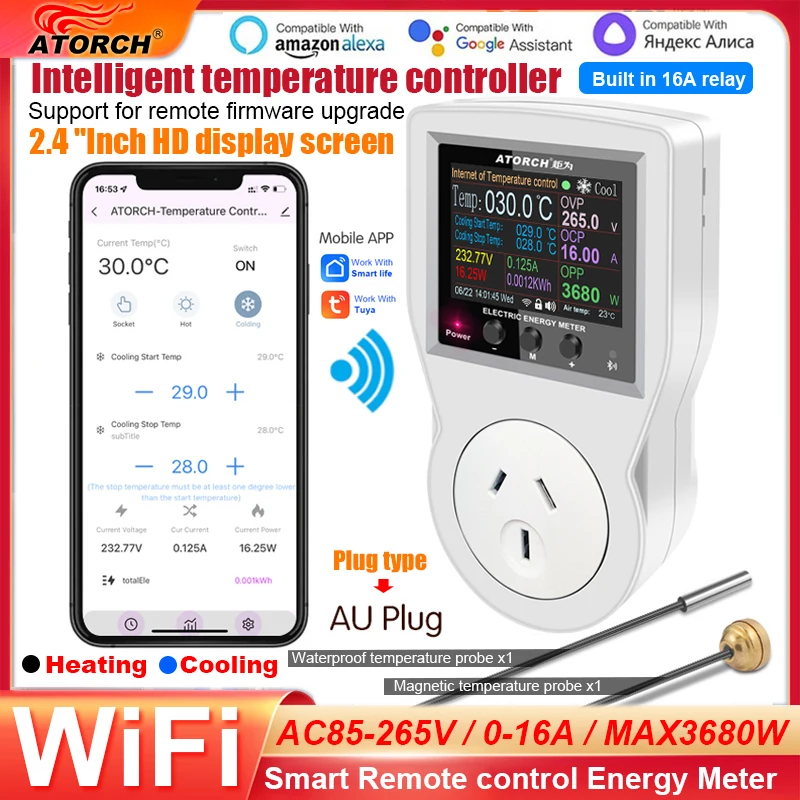 16A 230V Tuya WiFi Digital Thermostat Socket Australia Outlet Plug Control With Timer Switch Cooling Heating Temperature Sensor