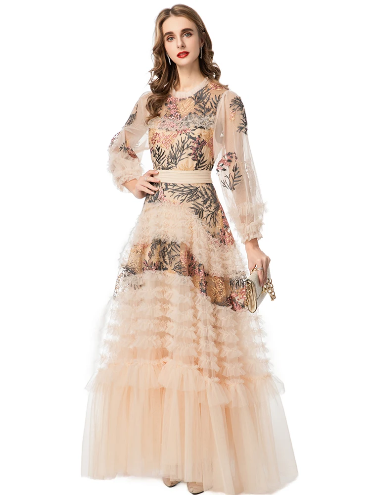 DLDENGHAN Floral Embroidery Maxi Mesh Dress For Women O-Neck Lantern Sleeve Ruffles Elegant Party Dresses Autumn Fashion Female