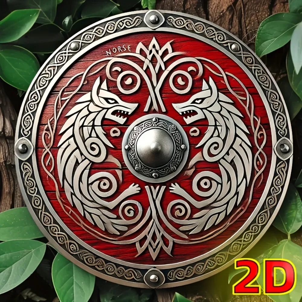 Norse Viking Wolf 2D High Definition Metal Wall Art Red Wood Texture Silver Celtic Knot Ancient Scandinavian Mythology Protectiv