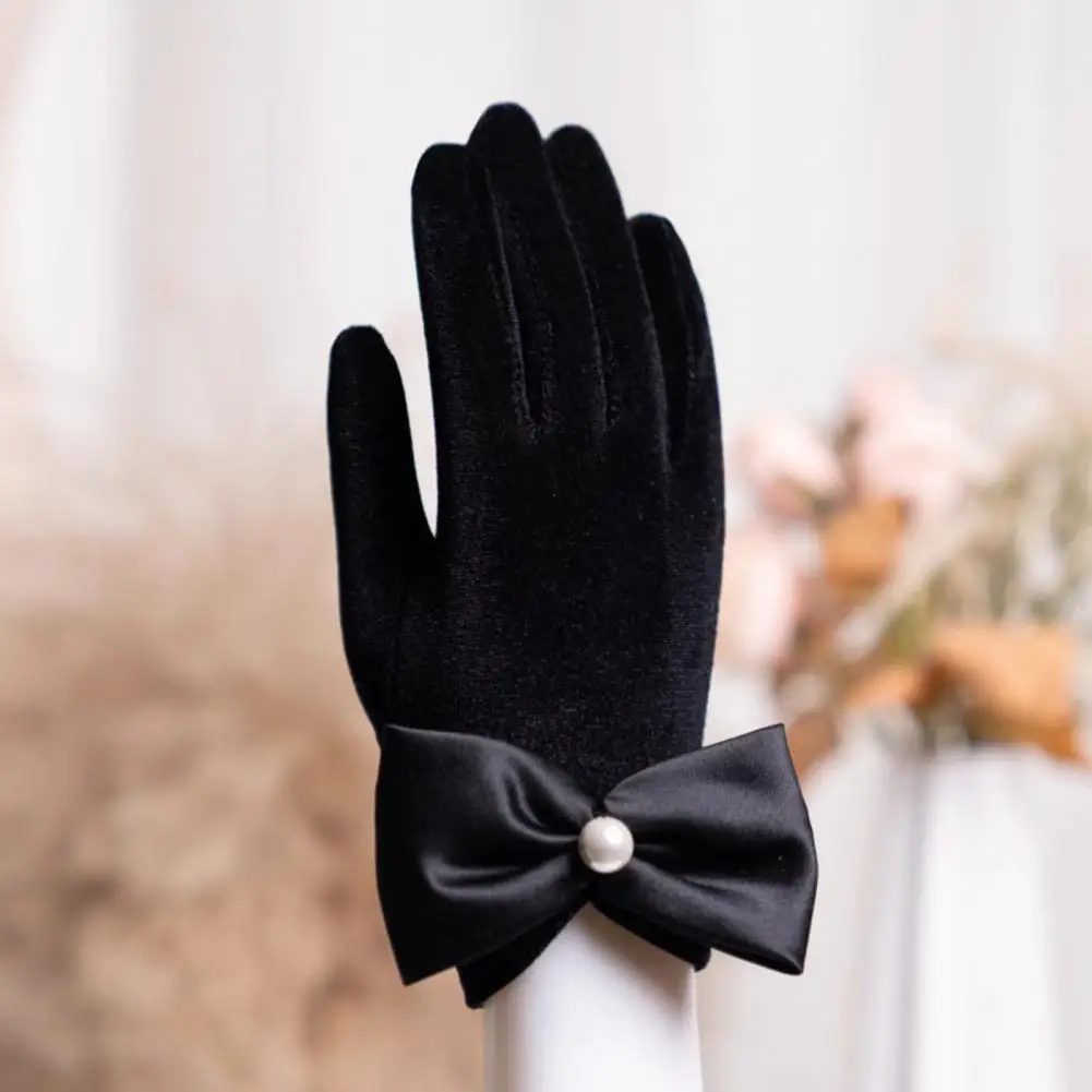 Gants en velours avec nœud décoratif pour femmes, gants d'hiver élégants, non chauds, bijoux pour femmes, fêtes de Rh