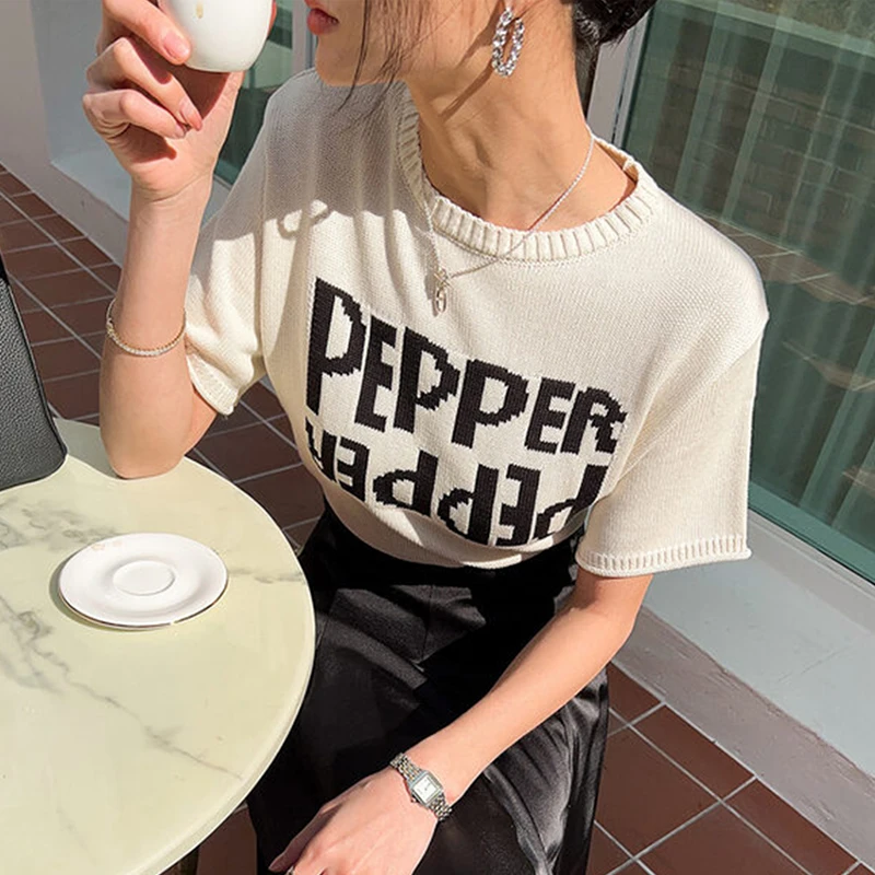 Korobov Chic Summer Simple Y2k Tops Sweater O Neck Letter Jacquard Loose Short Sleeve Pullover Tees New Female Ropa De Mujer