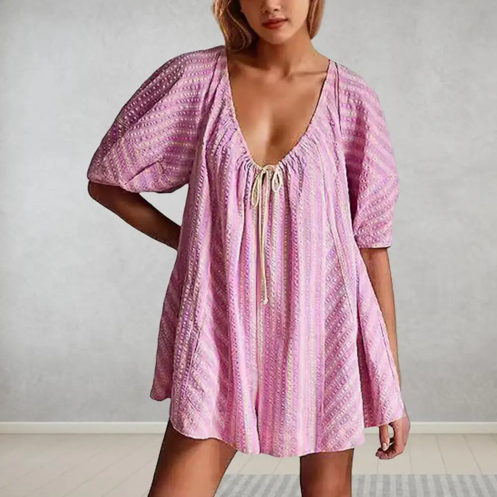 Women Summer Romper Striped Print Patchwork Romper with Low-cut V Neck Drawstring Waist for Women Oversized A-line for Beach