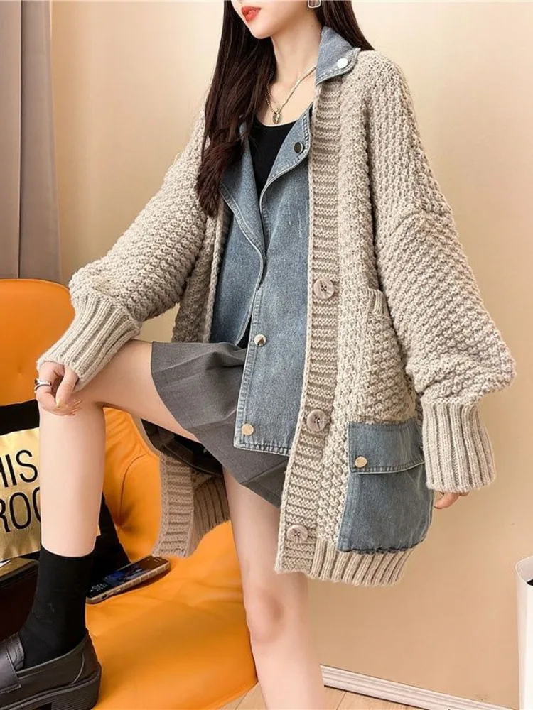 2023 Autumn Winter New Arrivals Denim Stitched Sweater Coat Women\'s Loose Thickened Knitted Cardigan Top Women