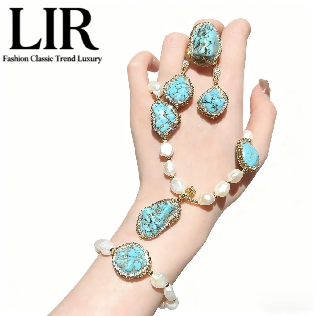 

LIR женский комплект ювелирных изделий на заказ Шри-Ланка синий бирюзовый жемчуг в стиле барокко ожерелье нефритовый браслет с бирюзовым жемчугом серьги кольцо