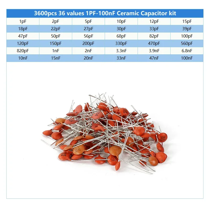 3600PCS 1PF~100nF Ceramic Capacitor Assortment Kit  36 Values  - Assorted Capacitors in Box, 10PF 22PF 33PF 47PF 1NF 10NF 47NF