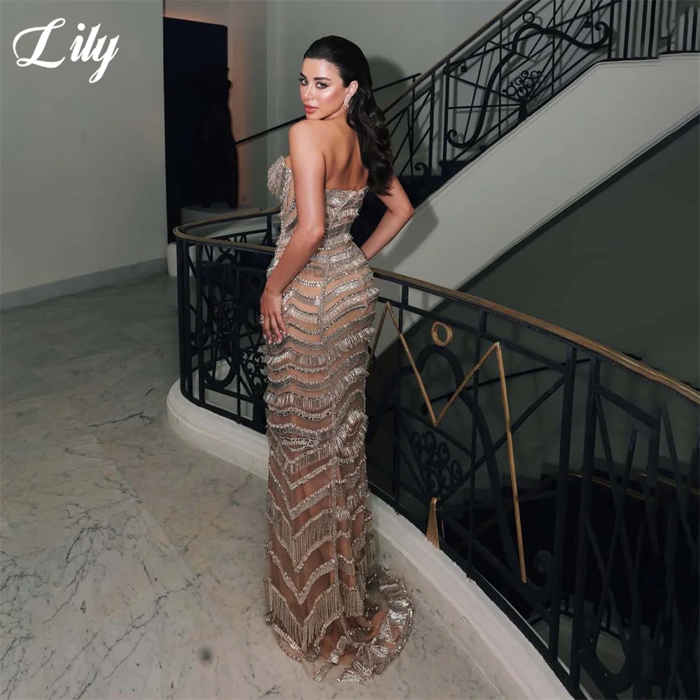 Lily Nude Gorgeous Prom Dress Scoop Neck Celebrity Dresses Full Crystal Sequin Mermaid Women's Evening Dress for Gala Customized