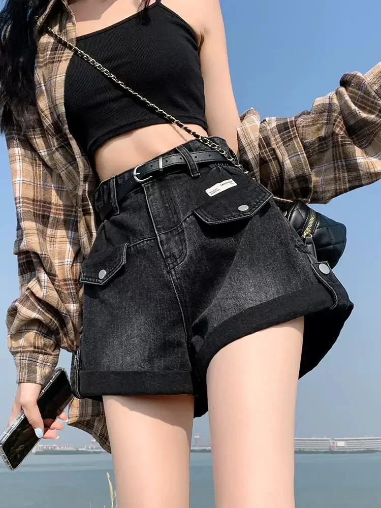 Black Retro Cuffed Denim Shorts Women Summer Thin High Waist Leather Brand Design Slim A-Line Wide Leg Sexy Hot Pants