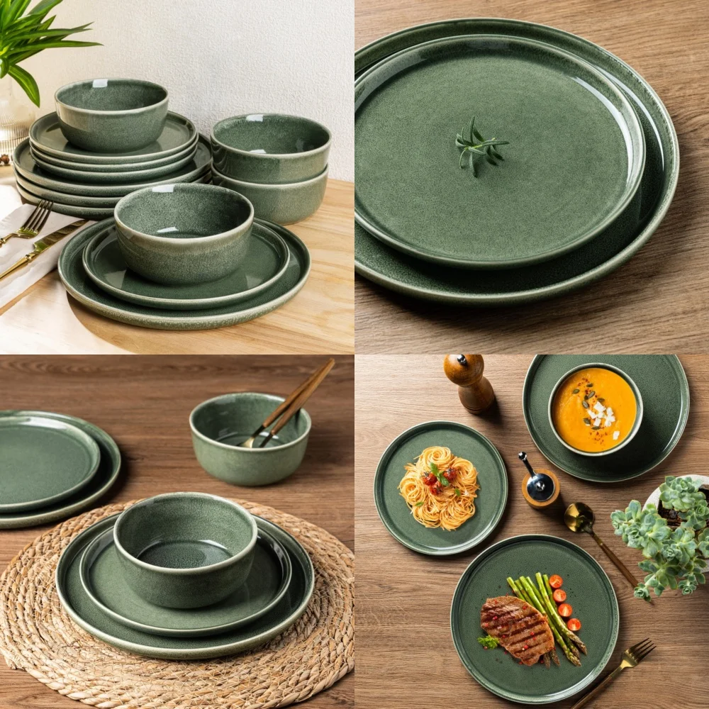 طقم أدوات مائدة سيراميك طقم أواني طعام سيراميك مكون من 4 أطباق طلاء تفاعلي مستدير وأوعية طراز حديث مثالي للاستخدام اليومي #1