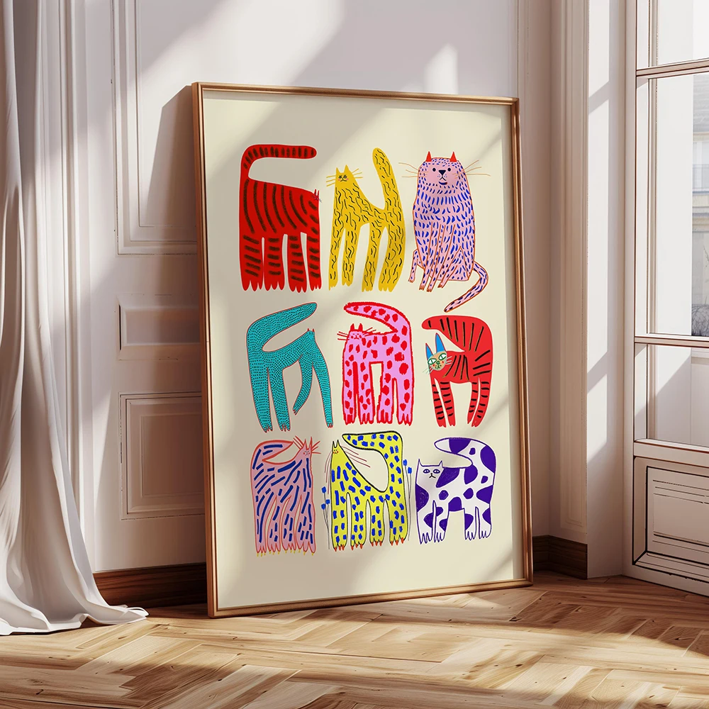 Nine Lives Art Print Cats Wall Decor Colorful Illustration Gift For Kitchen Office Bedroom Living Room Decoration Pictures