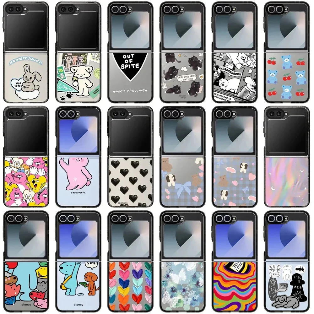 Cartoon Animal Colorful Hearts Phone Case for Samsung Galaxy Z Flip 3 4 5 6 Back Cover for ZFlip6 ZFlip5 ZFlip4 Hard Case Shell