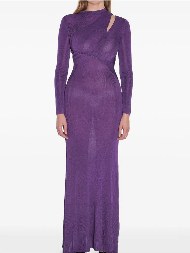 CHUJIE 2025, Frühherbst-Strickkleid im französischen Stil in Lila – Sexy figurbetontes, schmal geschnittenes, langes, elegantes Kleid, Viskose-Mischung