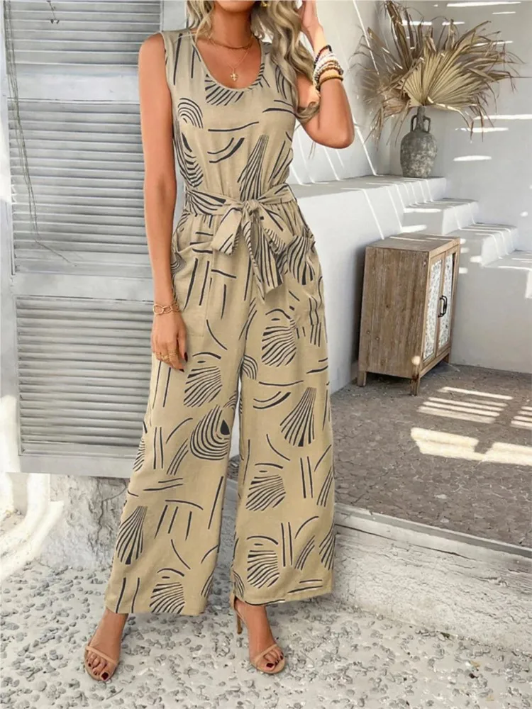 Jumpsuit Wanita Musim Panas Tanpa Lengan Berpinggang Tinggi dengan Tali Serut dan Renda, Kasual Longgar dengan Saku, Celana Lebar Model Romper Wanita 2025