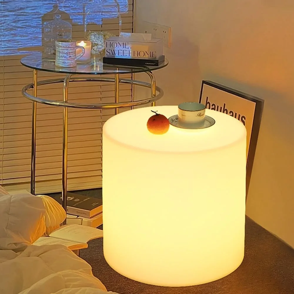 Tamborete de cilindro LED de 16 polegadas, cadeira brilhante LED recarregável com controle remoto, regulável 16 cores RGB mudando versátil assento lateral / mesa LED