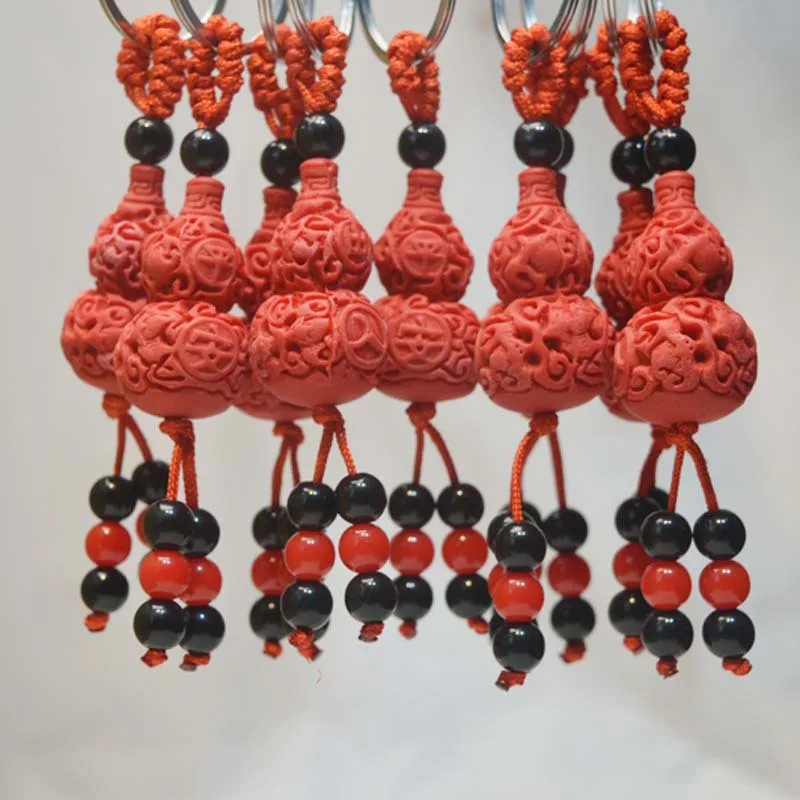 Imitation Cinnabar Red Sand Keychain Gourd Car Key Ring Braided Rope Lotus Phone Bag Mini Accessory Hanging Charm Gift