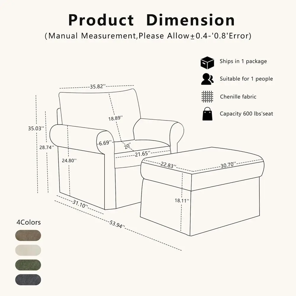 35.82 Oversized Accent Chair with Ottoman, Chenille Armchair, Gray | Accent Chair Set; Deep seat for relaxing; soft chenille; co