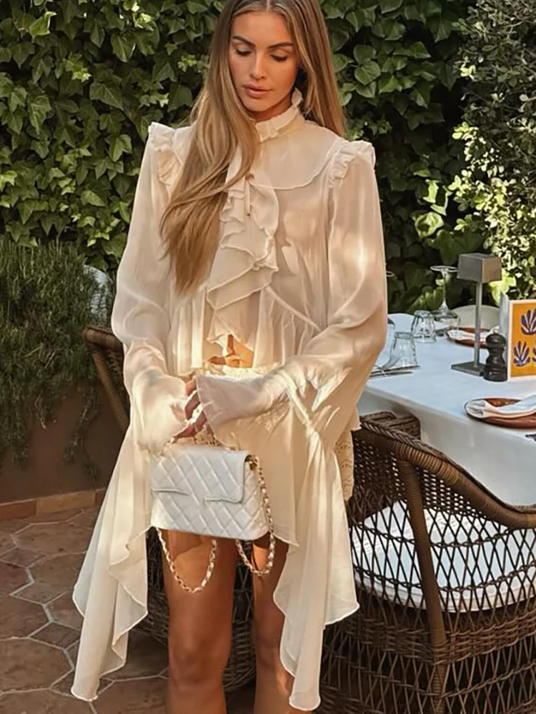 

JULISSA MO Chiffon Sexy See Through Cardigan Women Shirt Beige Long Sleeve Lace Up Shirt Female Autumn Loose Elegant Streetwear