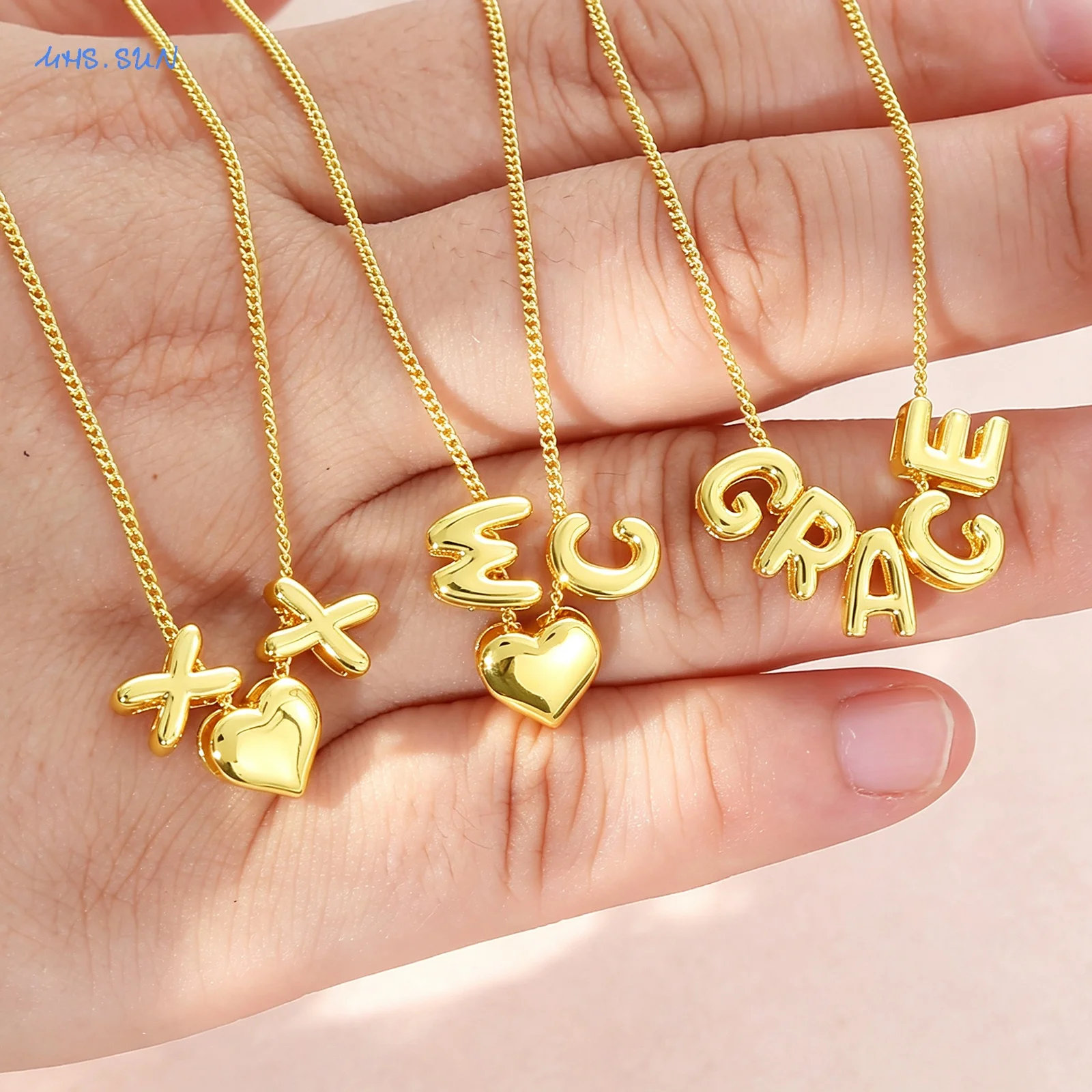 MHS.SUN DIY Bubble Letter Pendant Necklaces For Women Girls Fashion Gold Plated 26 Initial Charm Chain Party Jewelry Making