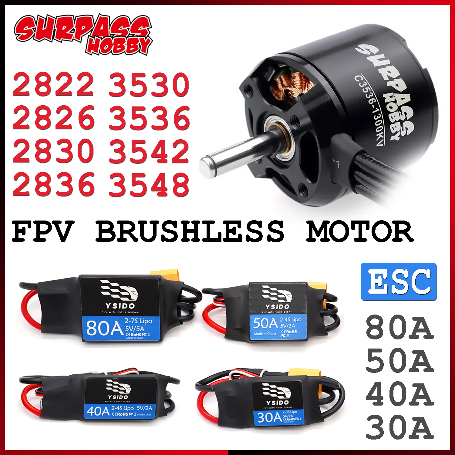 Surpass Hobby 2822 2826 2830 2836 3530 3536 3542 3548 Brushless Motor with 30A/40A/50A/80A ESC for RC FPV Fixed-wing Quadcopter