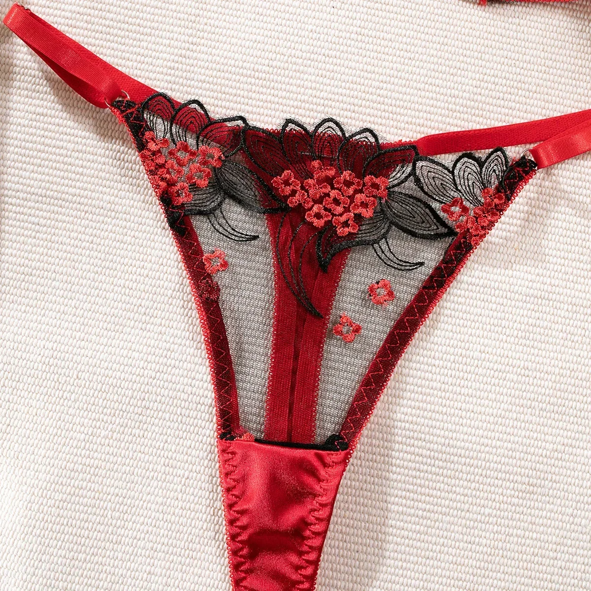 Sexy Floral Embroidered Exotic Apparel Suit Women's Perspective Soft Steel Ring Bra Panty Set Single Layer Ultra-Thin Intimates