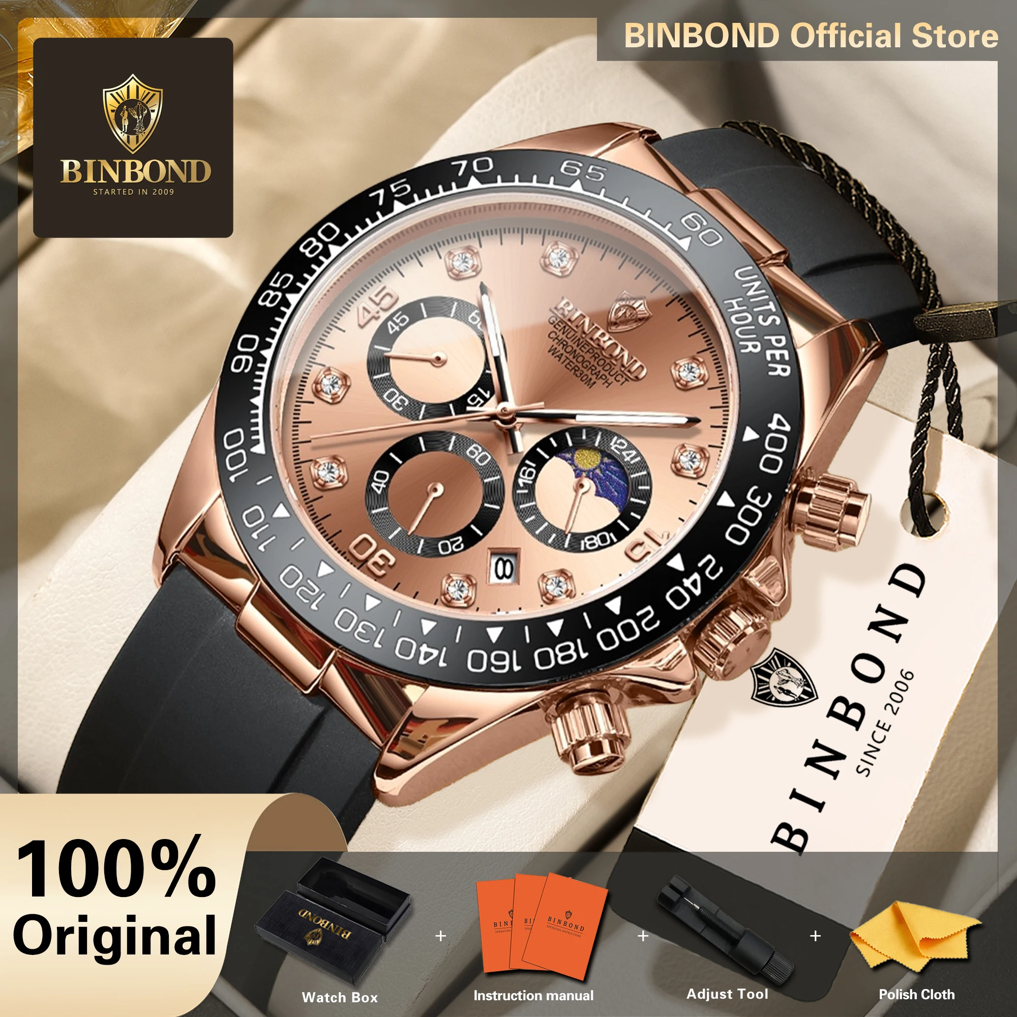 BINBOND Chronograph Men's Watch Quartz Watches For Men Luxury Luminous Waterproof Reloj Hombre Montres Hommes Festina +Box