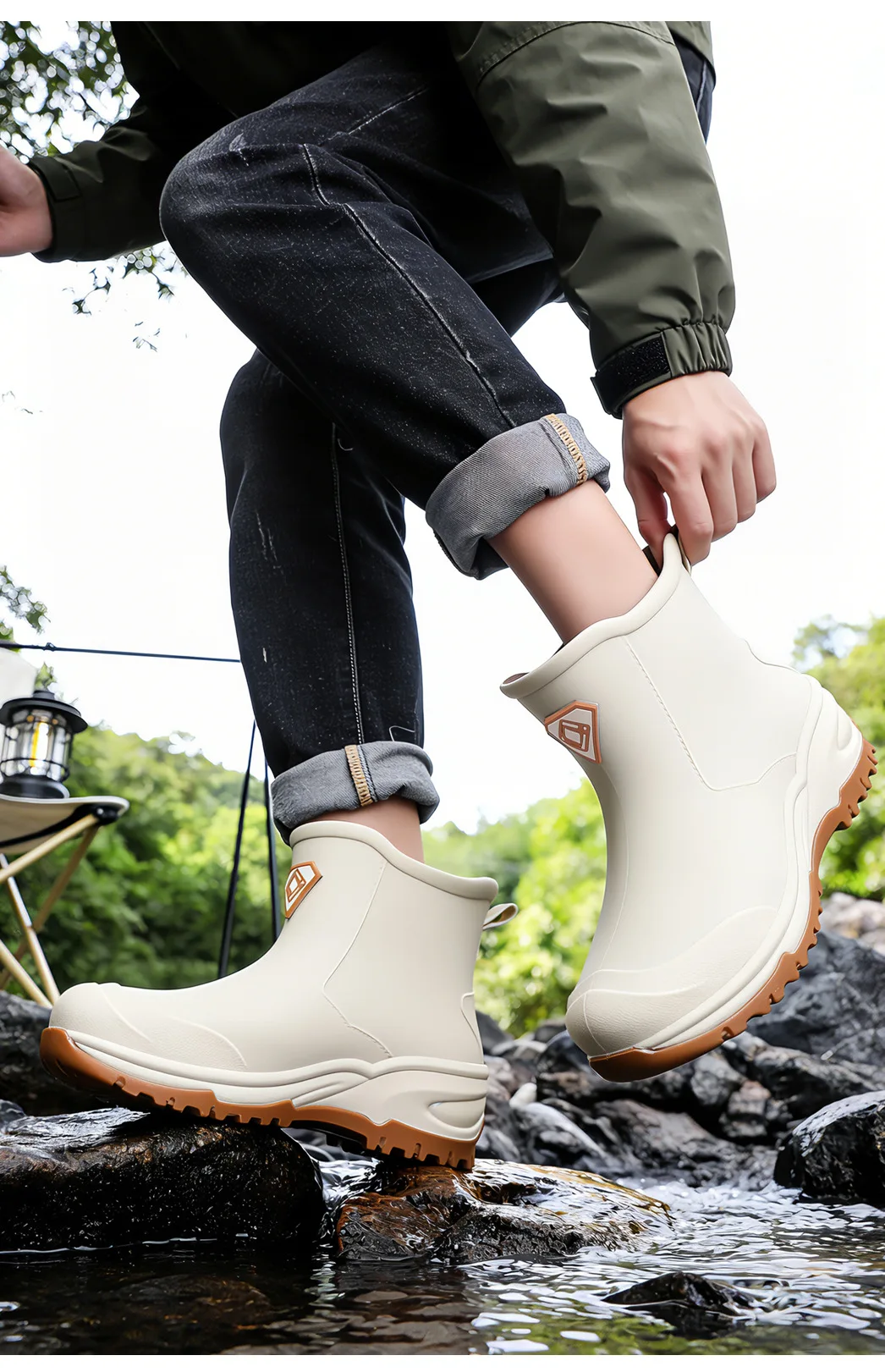 Wear resistant thick soled water boots, military green river tracing men's short boots, rain boots, waterproof men's water shoes view 4