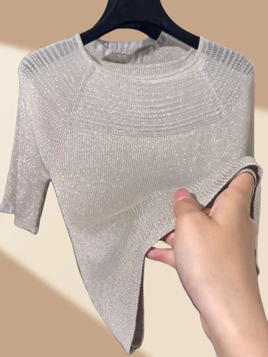 

Slim Fit round Neck Short Sleeve Knitted T-Shirt Women's Summer Thin Style Casual Fashion Bright Thread Soft Knitwear Top