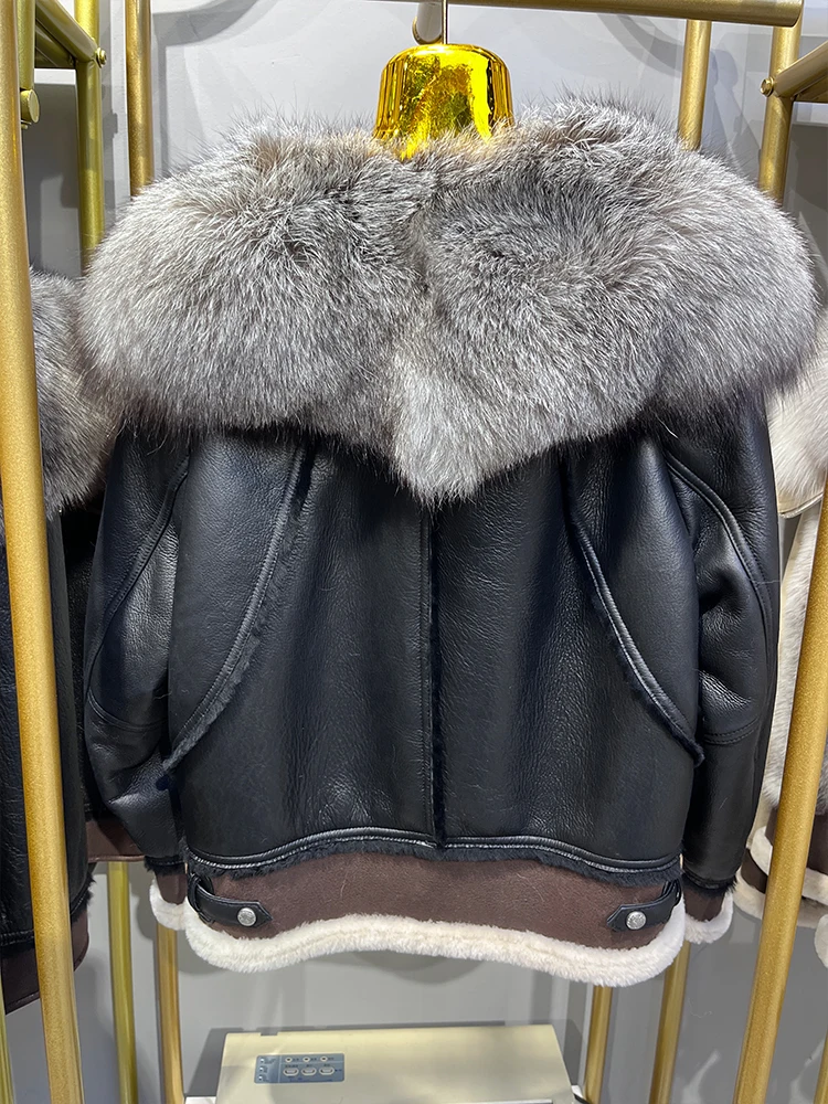 2024 Winter Women Real Fox Fur Collar Natural Merino Sheep Fur Coat Genuine Leather Jacket Thick Warm Luxury Female Coats