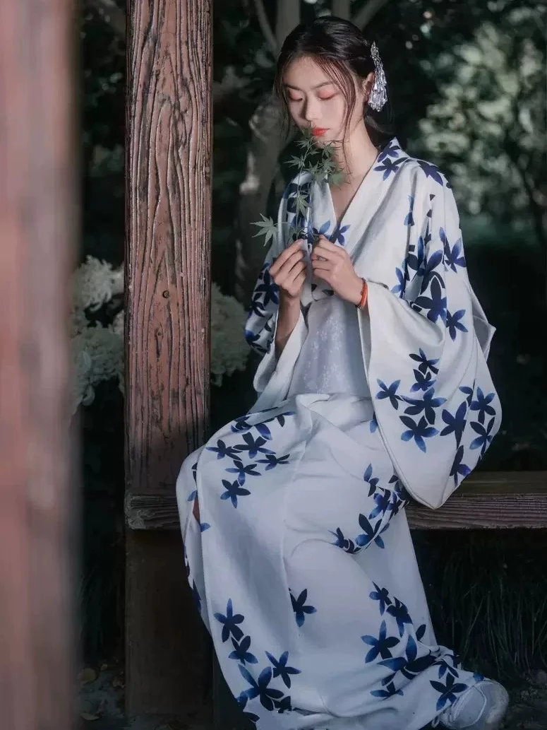 Japanese Style Women Modified Kimono with Obi Photography Long Dress Blue Floral Prints Yukata Cos Costume