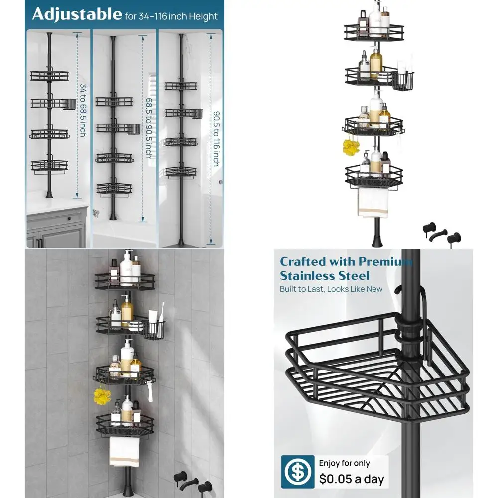 

Adjustable 4-Tier Tension Pole Shower Caddy, Rust-Free, Fits 34-116 Inch Height, Black