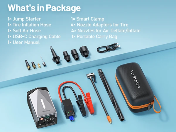 Multifunctional Integrated Car Jump Starter Electric Tire Inflator Air Blower Vacuum Suction Pump Portable Emergency Starting Power LED Light Smart Anti Reverse Clamps EVA Bag for Car Motorcycle Inflation Deflation Roadside Emergency