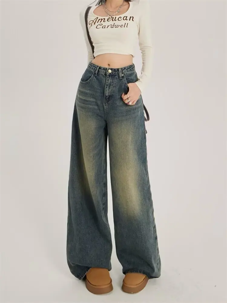 

Ретро-джинсы с эффектом выцветания, женские свободные прямые брюки с высокой талией для фигуры «груша», большие размеры, весенне-осенняя коллекция