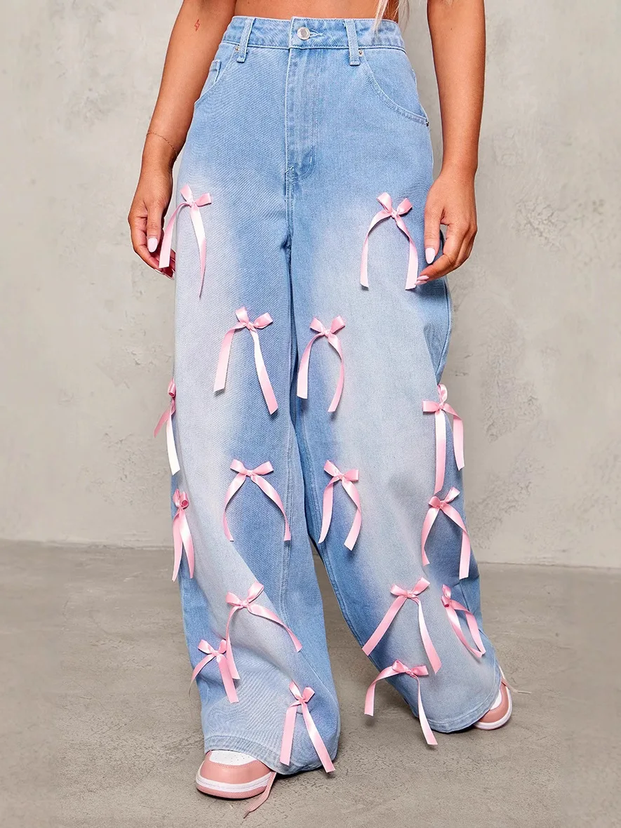 Spring Autumn Bow Y2k Jeans Women Wide Leg Long Pants High Waist Straight Trousers Streetwear Elegant Casual Loose Party Club