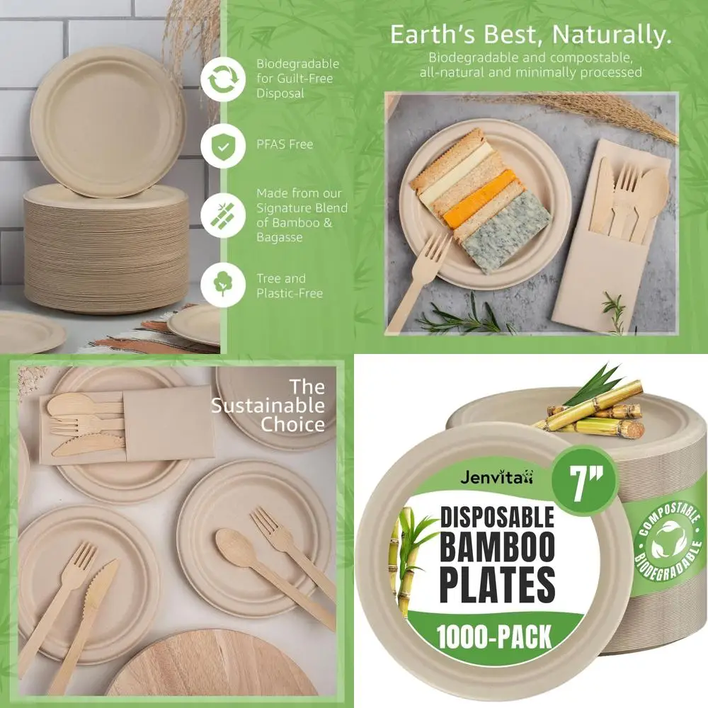 

1000 штук 7-дюймовых бамбуковых тарелок, одноразовые, пригодные для микроволновой печи, экологичные, биоразлагаемые, для вечеринок