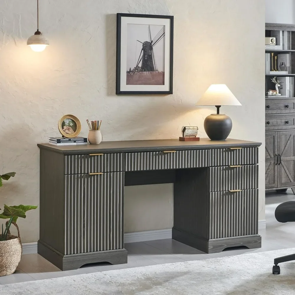 

Modern Executive Desk with Storage, Wood Home Office Desk with Drawers & Cabinet, Fluted Computer Writing Desk