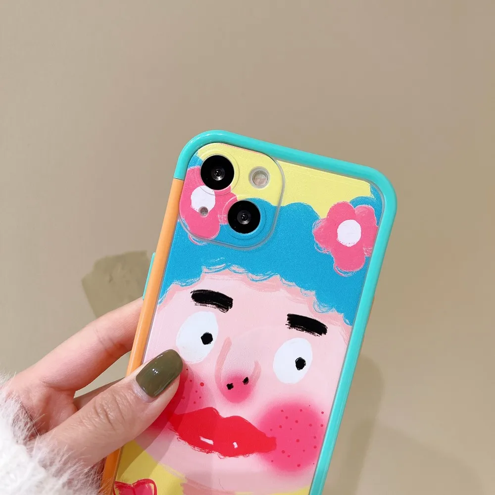 Color combination frame anti-fall shell blue hair pockmark girl mobile for iphone 13Promax 14Promax 11 12 13 14 13Pro phone case