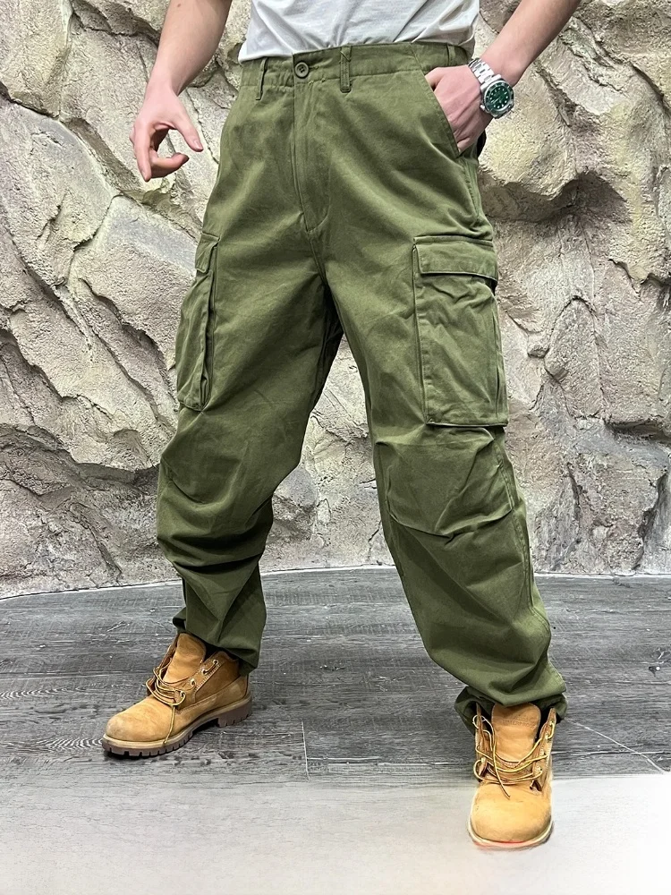 

Cool Men's Loose Cotton Workwear Casual Pants American High-End Sle Waed Pure Cotton Street Sle Autumn Faion