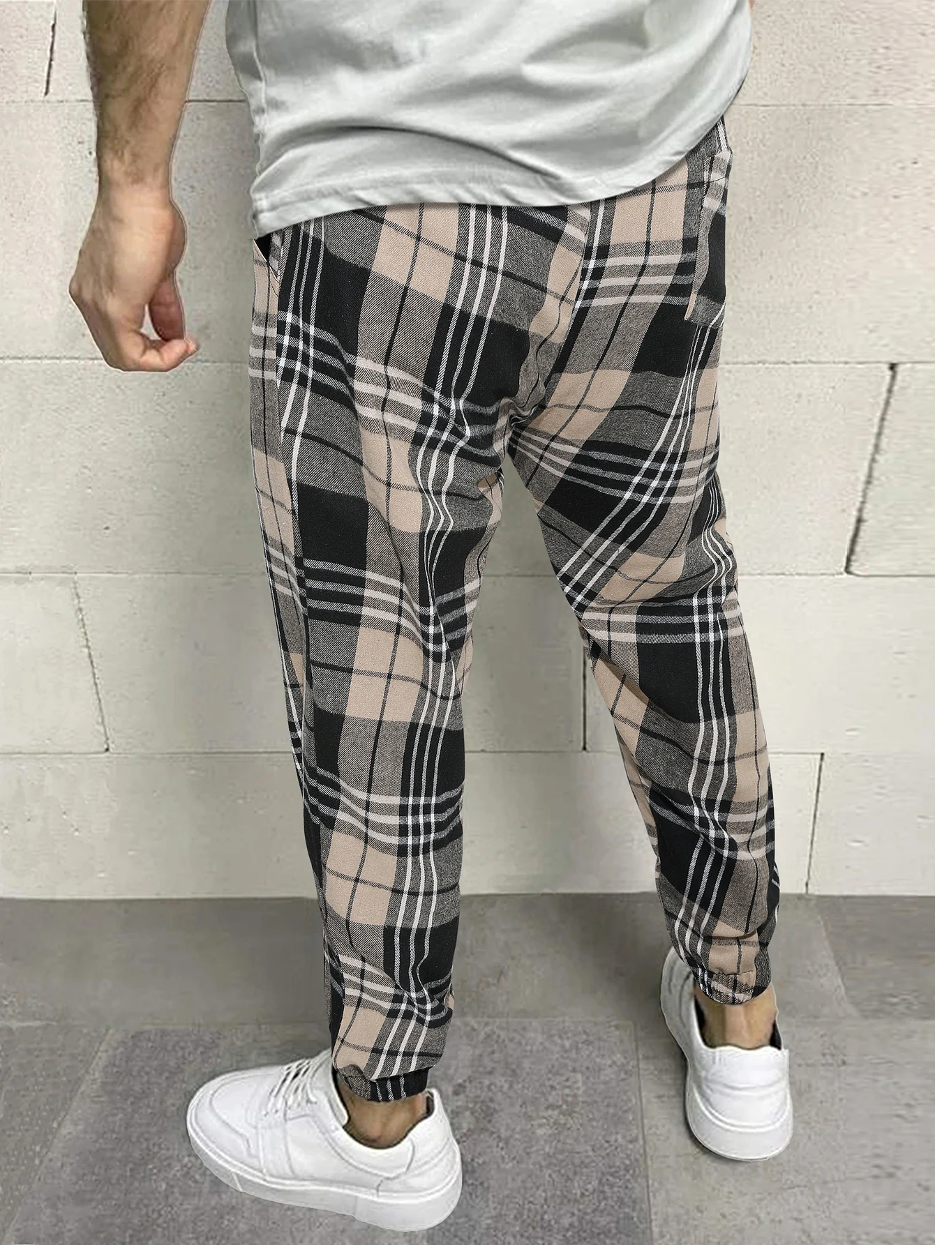1PCS Men's Plaid Color-Block Long Pants Slim Tapered Fit Casual Sportswear Sleepwear Daily Wear